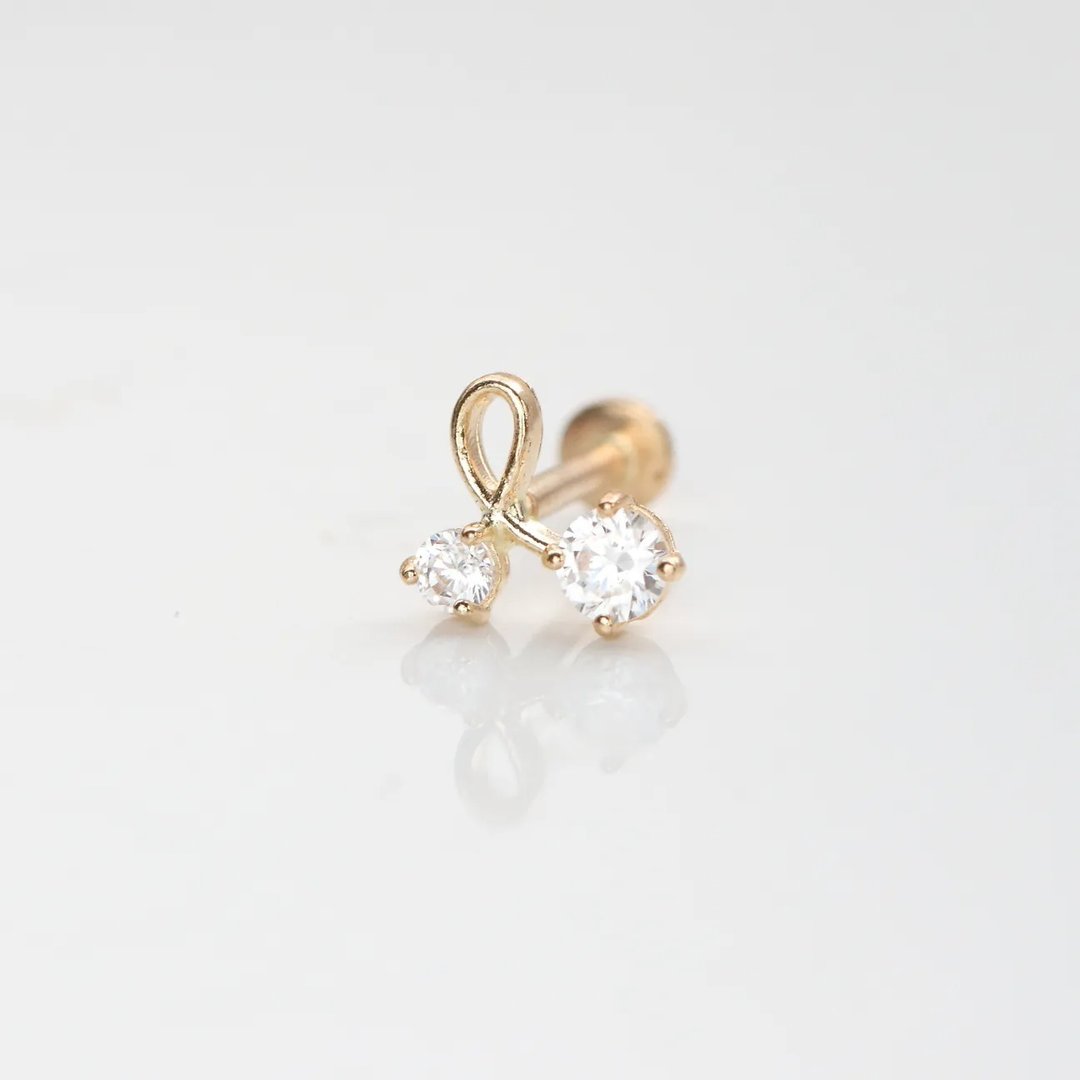 14K L结钻锁珠耳环 (前锁 平底 圆饼) (单个)耳骨 耳窝 不退 - 耳环/耳夹 - 贵金属 金色