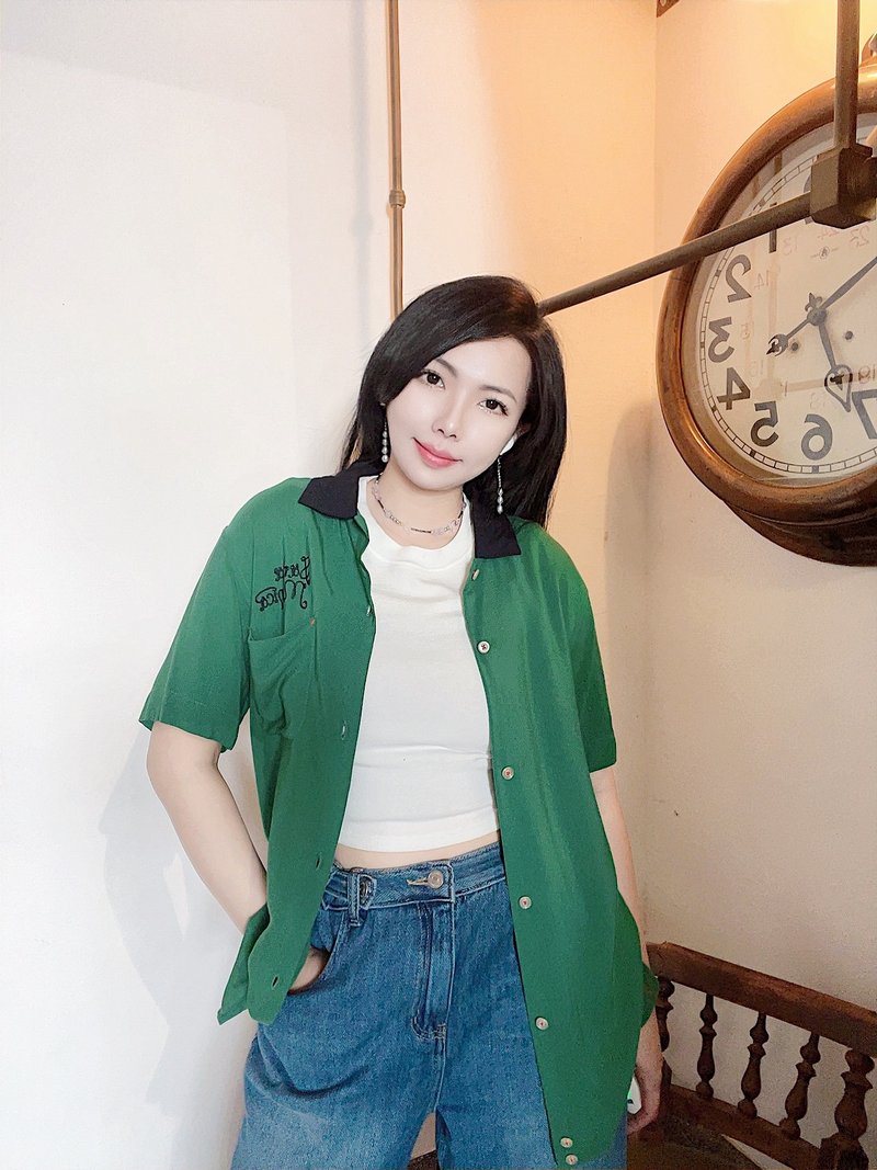 深绿撞色黑领 纯丝薄料 保龄球衫bowling shirt ボウリングシャツ - 女装衬衫 - 丝．绢 多色