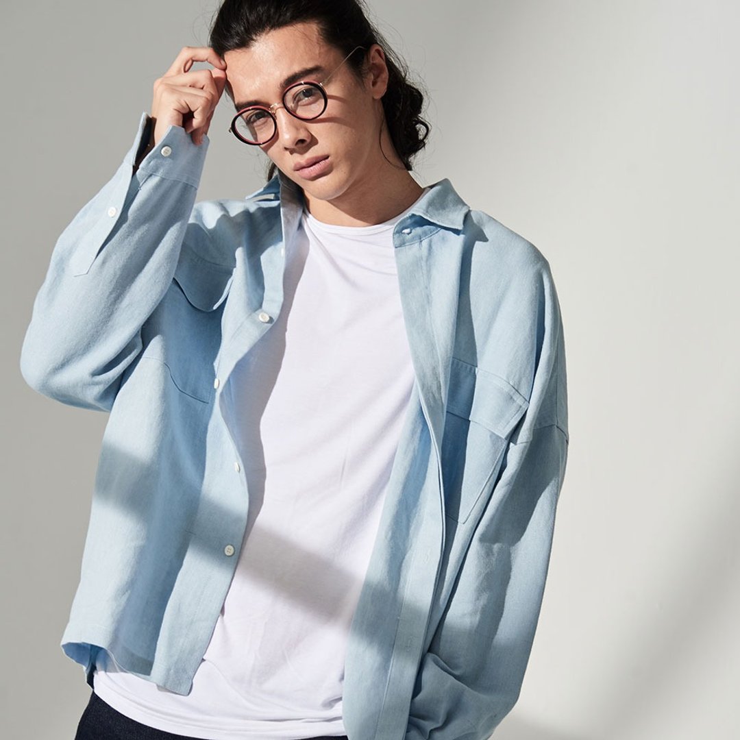 Stone@s Oversized Shirt/ 牛仔混麻 长袖轻薄透气落肩罩衫 衬衫 - 男装衬衫 - 棉 蓝色