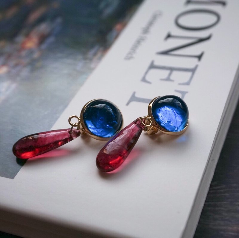 唐顿庄园撞色手烧琉璃复古优雅手工耳环耳夹nojess风格 - 耳环/耳夹 - 琉璃 