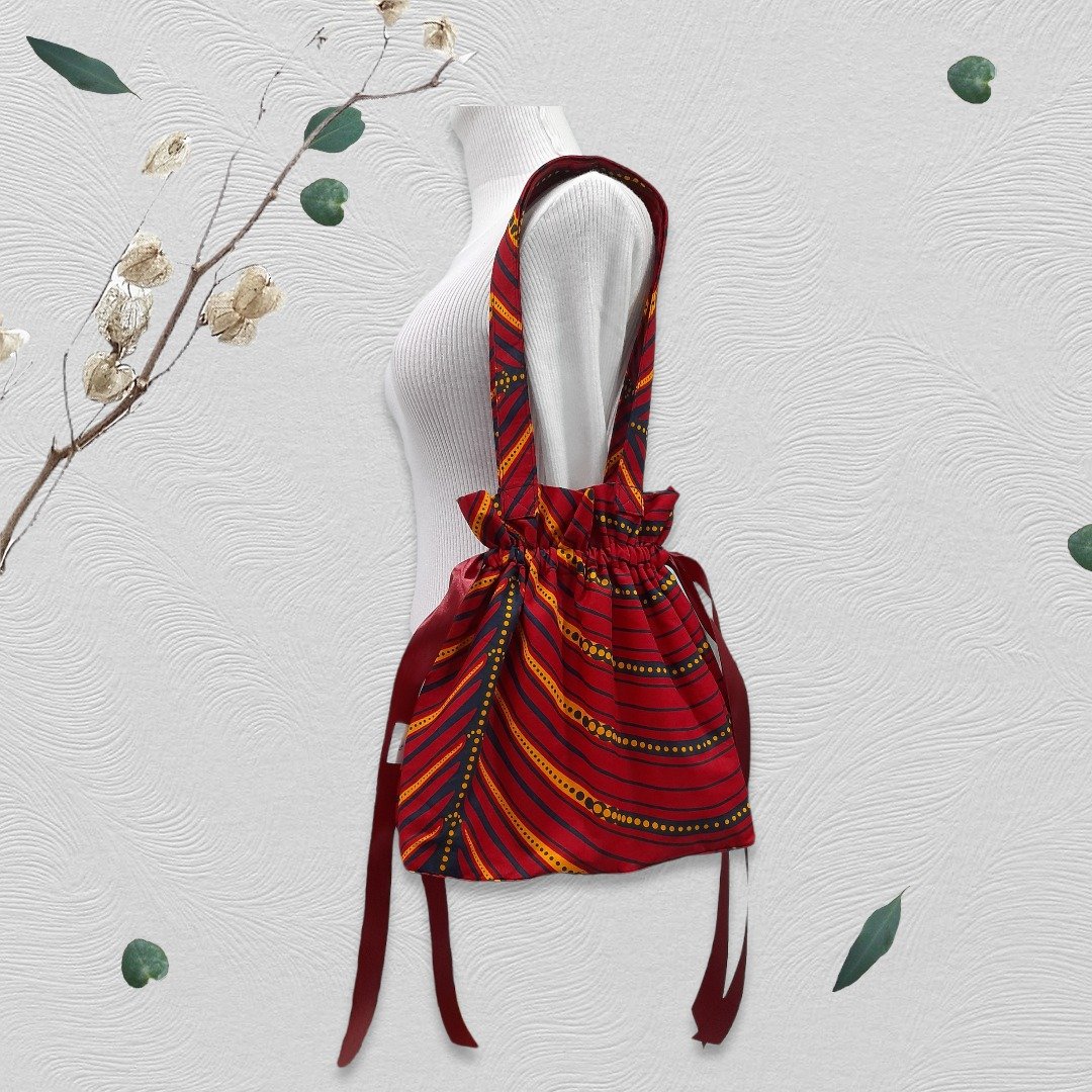 African print drawstring bag, shoulder bag, Ribbon drawstring bag Tote bag Gifts - 束口袋双肩包 - 棉 红色