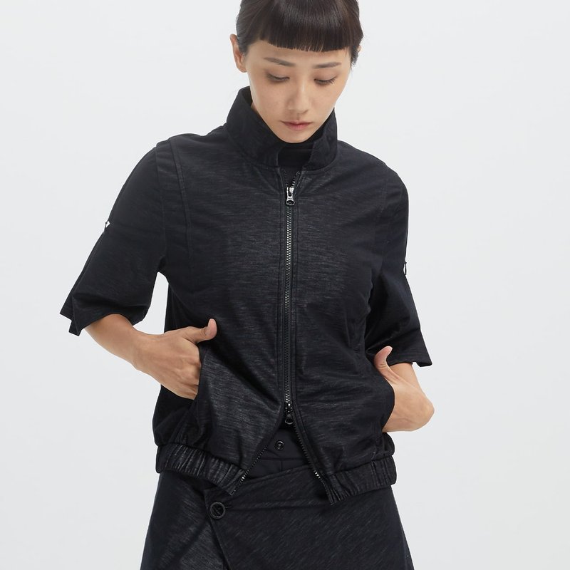 不可退换 /Sportswear褶边五分袖外套-黑色 - 女装休闲/机能外套 - 聚酯纤维 黑色