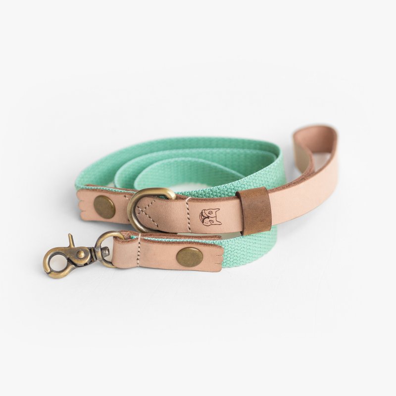 皮革与浅绿棉麻绳牵绳 (M) - 项圈/牵绳 - 真皮 绿色