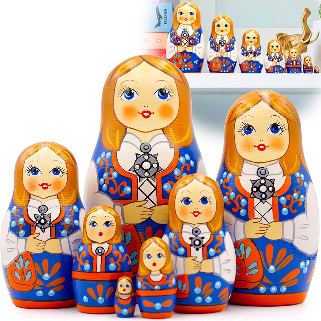 Russian Nesting Dolls Set of 7 pcs - Matryoshka Baboushka in Scandinavian Dress - 玩具/玩偶 - 木头 多色