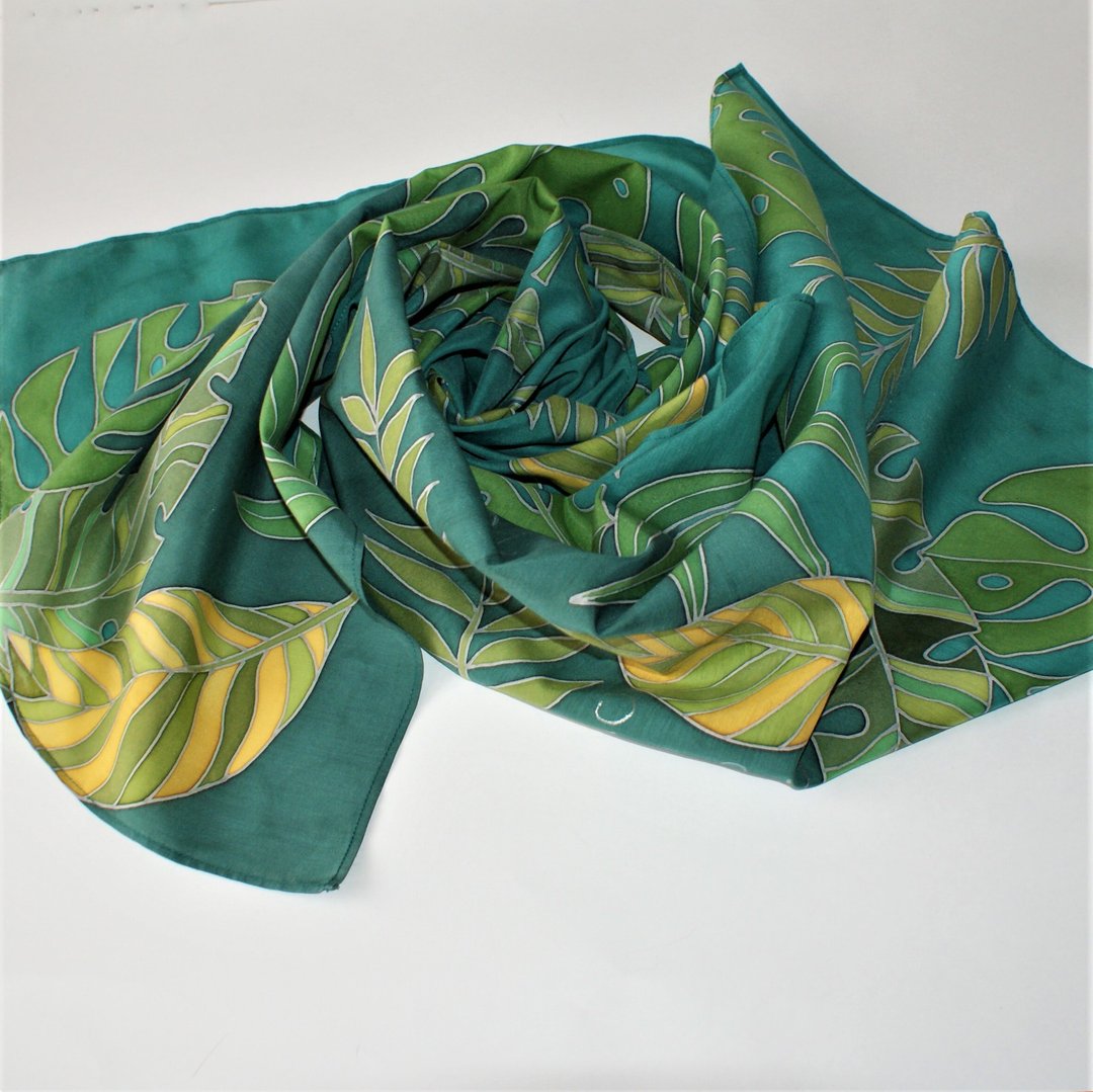 Hand painted scarf Silk cotton blend scarf Green and yellow scarf tropical print - 丝巾 - 丝．绢 绿色