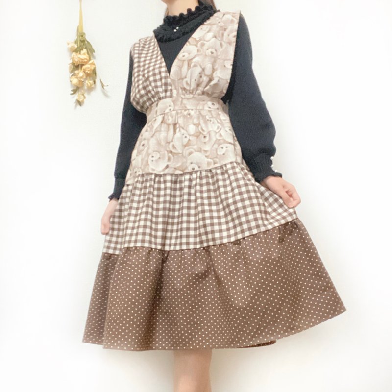 复古甜美 小熊图案 格纹与圆点 拼接 背心洋装 - 洋装/连衣裙 - 棉．麻 咖啡色