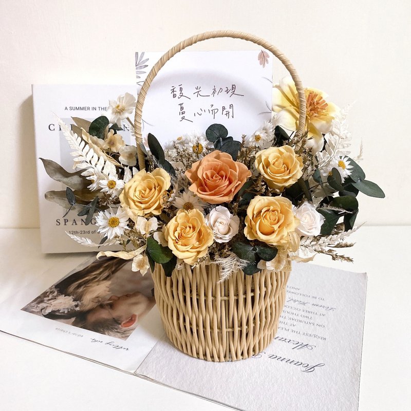 橙黄玫瑰永生花开幕花篮 开幕祝贺 搬家入厝 新店开张推荐 - 干燥花/捧花 - 植物．花 黄色