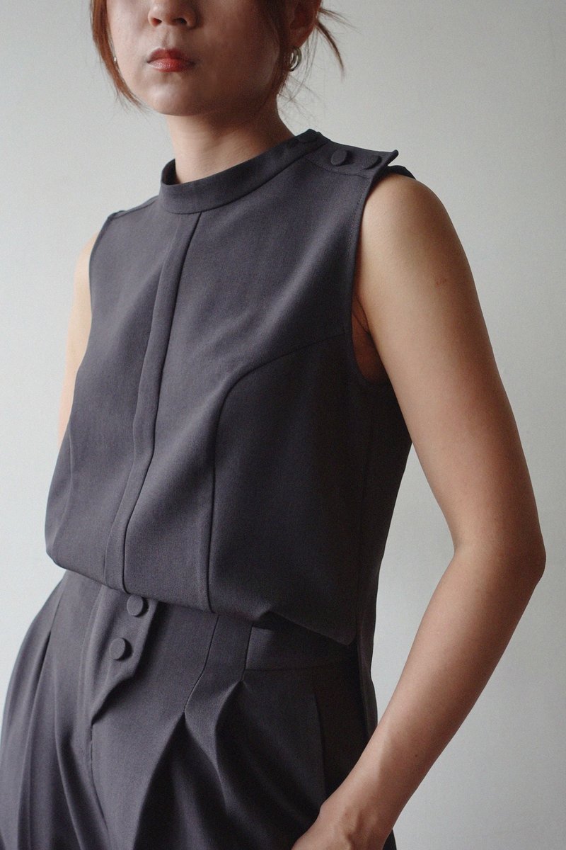 空白之间 - 公主线立领背心 // 岩灰 - 女装背心 - 聚酯纤维 灰色