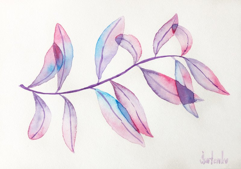 Eucalyptus Painting Spring Original Art Pink Plant Artwork Branch Wall Art - 海报/装饰画/版画 - 纸 