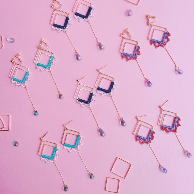 Clara。清透如晨光的耳畔诗句 - 蕾丝编织耳饰 - 耳环/耳夹 - 棉．麻 蓝色