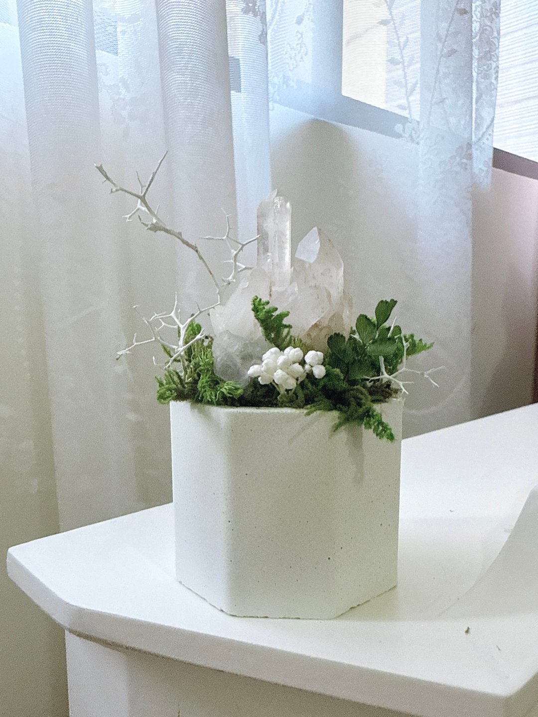 白水晶簇-雪之小山岭 。永生叶材绿植栽 - 植栽/盆栽 - 水晶 白色