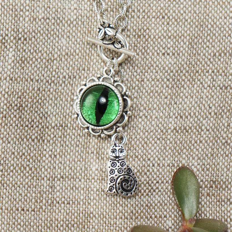 Green Glass Cat Eye Necklace Silver Cat Evil Eye Protection Necklace Jewelry - 项链 - 玻璃 绿色