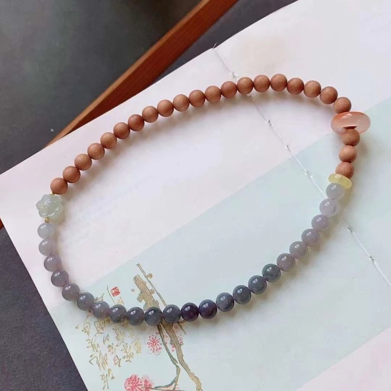 印度 天然老山檀珠 和田玉烟紫玉 南红跑环设计多圈手串衣襟挂sm - 手链/手环 - 木头 咖啡色