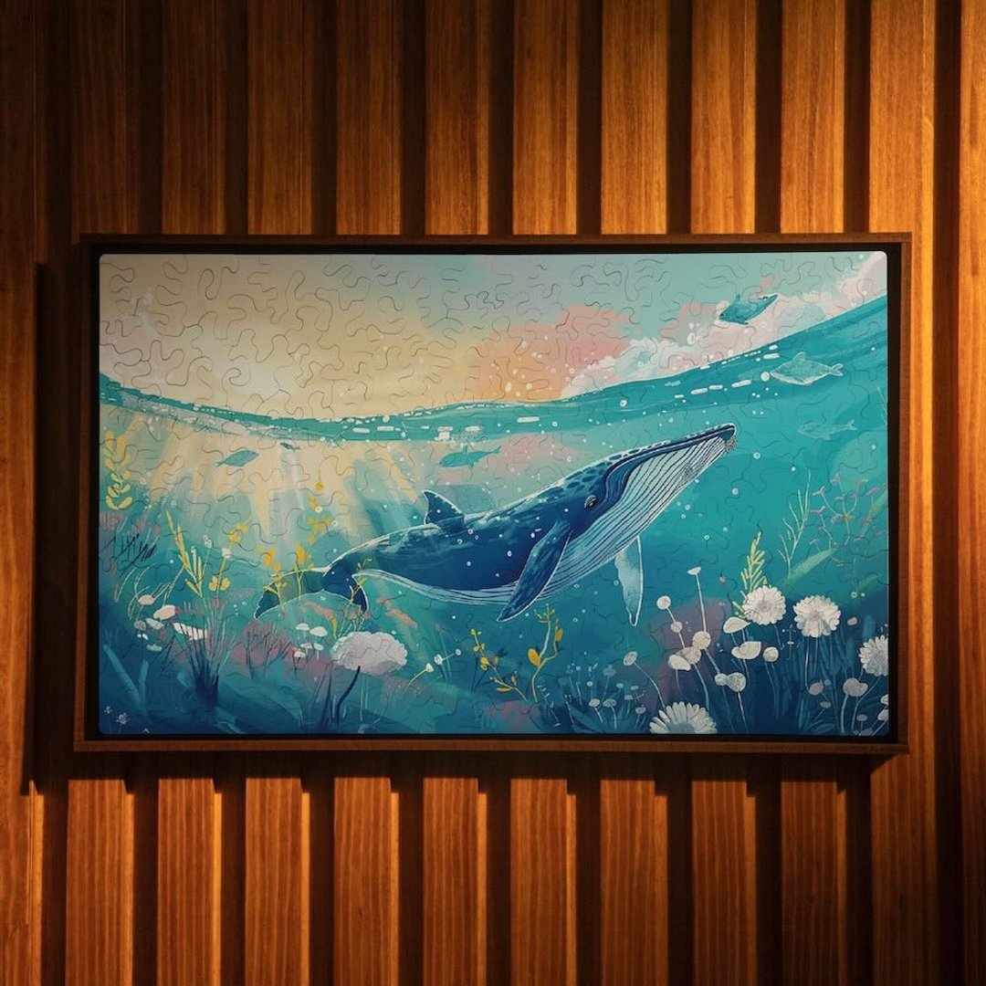 蔚蓝之境-逐光鲸影【壁虎拼图】免黏胶 不散落 附木框 拼完即展示 - 摆饰 - 木头 蓝色
