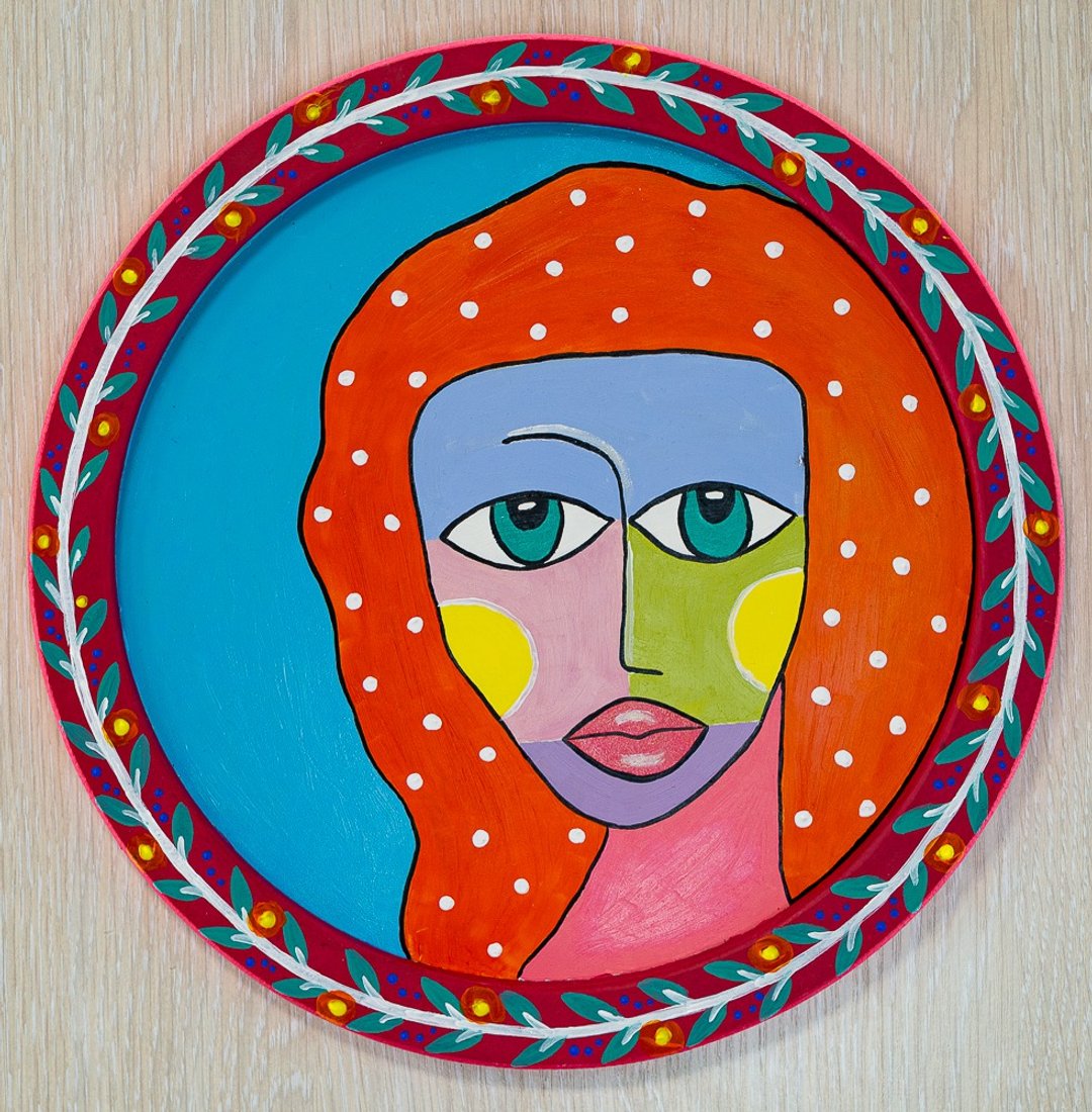 Painting Monica, 2023, decorative round acrylic painting, round canvas - 墙贴/壁贴 - 棉 咖啡色