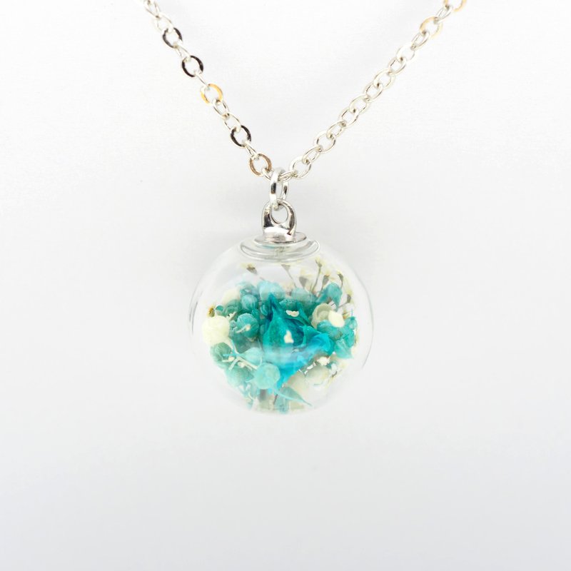 “爱家作-OMYWAY”DIY 手工制作 干花 押花 复古 萤光蓝 水蓝 白色 满天星 雪珠花 玻璃球 颈链 Dried Flower Necklace - Glass Globe Necklace 1.4cm - 颈链 - 玻璃 白色