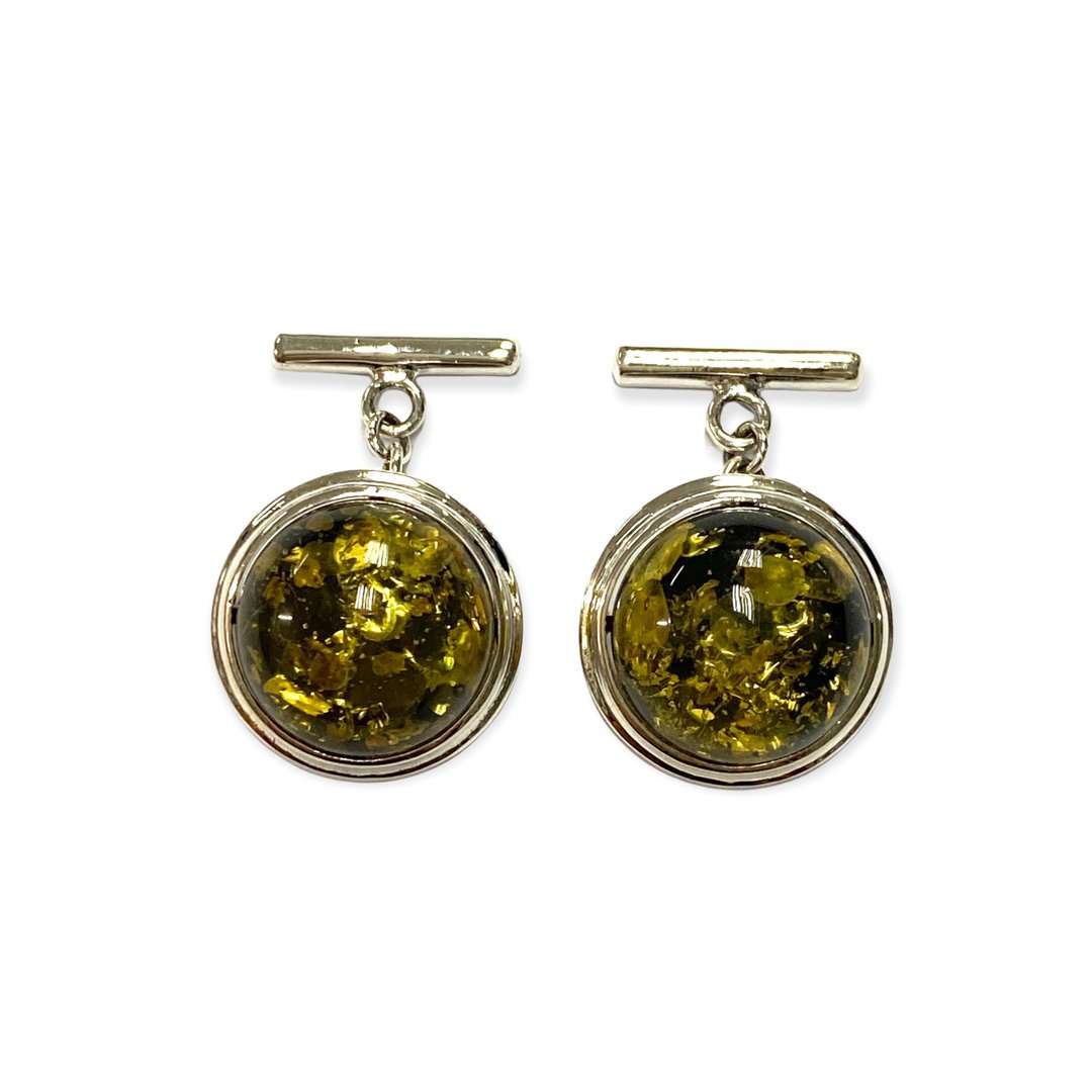 Round Green Amber Stone Wedding Cufflinks For Groom 925 Sterling Silver - 袖扣 - 纯银 