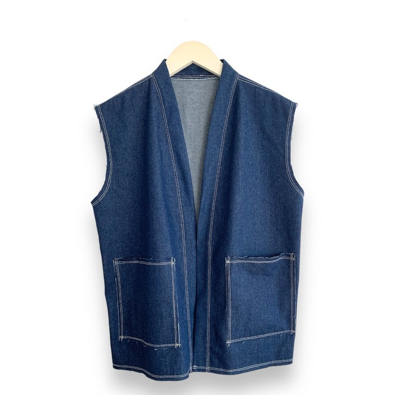 Haori Style Vest - 男装背心 - 棉．麻 蓝色