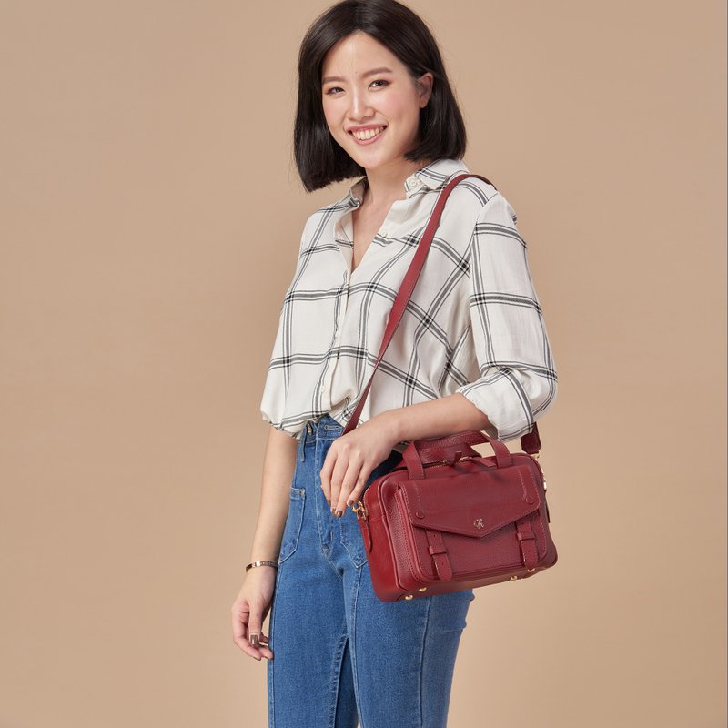 Joyce (Burgundy) : Cross body bag, Cow leather, Dark red - 手提包/手提袋 - 真皮 红色