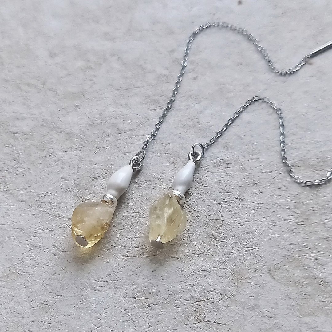 黄水晶、喀伦银、薏苡（Job's Tears）耳饰 / 耳环或耳夹 - 耳环/耳夹 - 纯银 银色