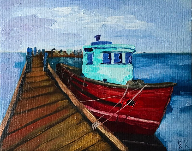 Boat oil painting, Original small wall art, Nautical home decor, Gift for him - 墙贴/壁贴 - 其他材质 多色