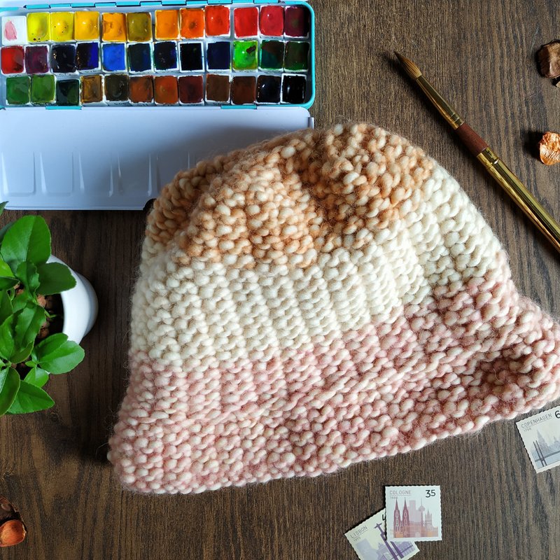 纯羊毛手工小檐帽厚磅毛线帽-无糖厚奶茶 - 帽子 - 羊毛 