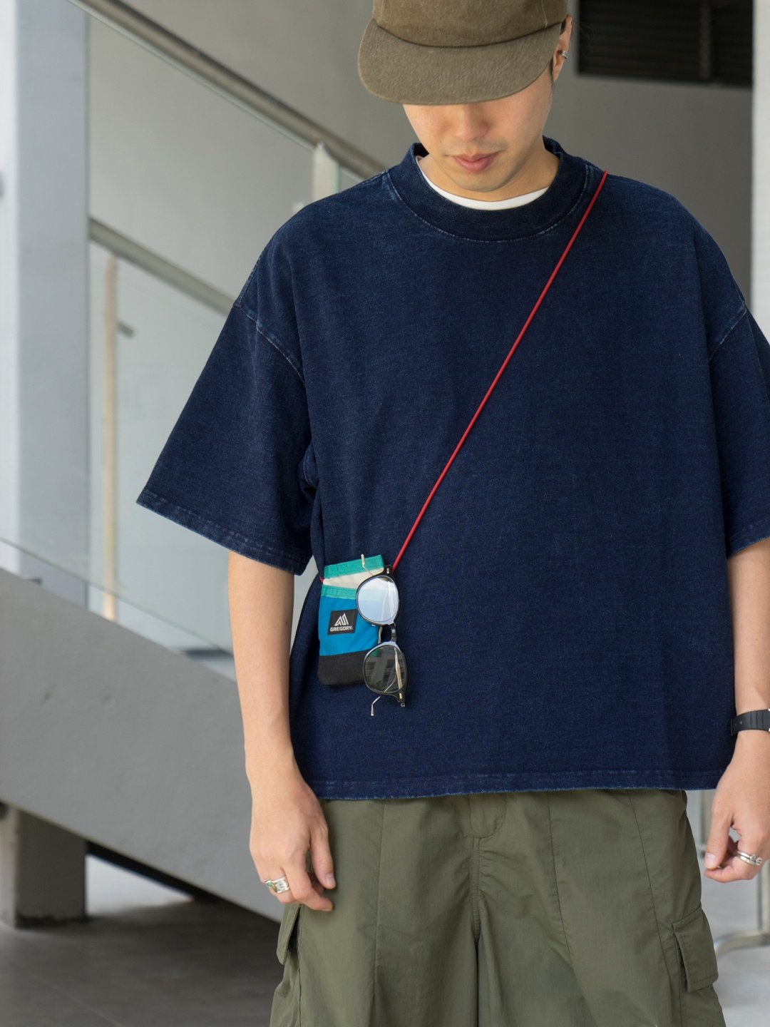 短宽Boxy版型洗水蓝染indigo靛蓝色tee恤宽松复古5分袖日系 - 男装上衣/T 恤 - 棉 蓝色