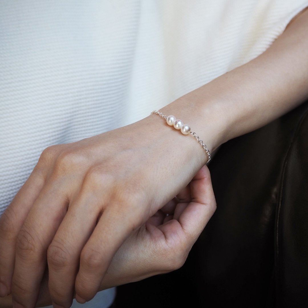 rain pearl bracelet_落雨珍珠手链 3颗珍珠 淡水养殖 天然珍珠 - 手链/手环 - 银 银色
