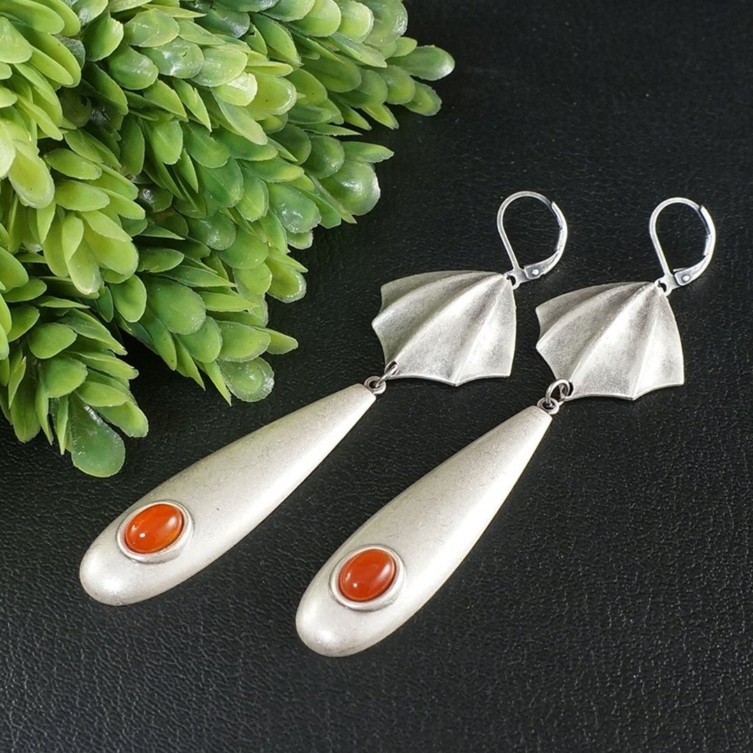 Carnelian Silver Bat Wings Fire Red Orange Large Long Teardrop Earrings Jewelry - 耳环/耳夹 - 半宝石 银色