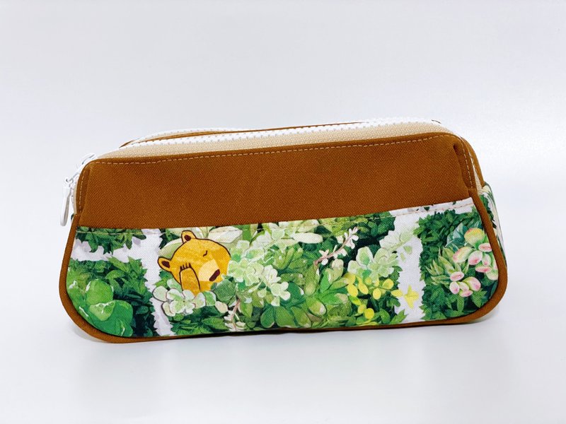 多肉熊 双层拉链笔袋、化妆袋、收纳袋 - 铅笔盒/笔袋 - 棉．麻 咖啡色