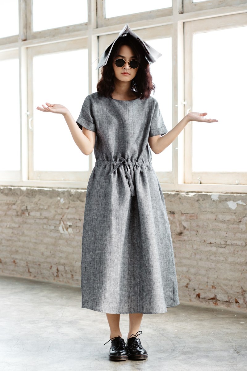 休闲亚麻收腰连身裙 - 灰色 - 洋装/连衣裙 - 棉．麻 灰色