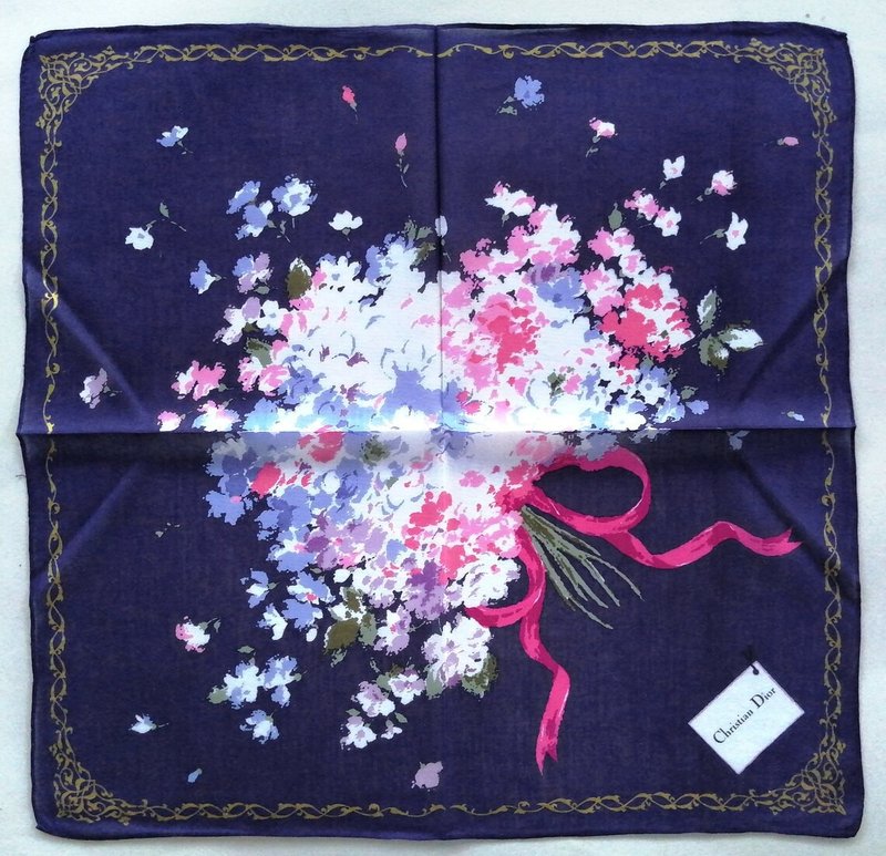 复古 Christian Dior 手帕 印花花卉图案 18 x 18 英寸 - 手帕/方巾 - 棉．麻 蓝色
