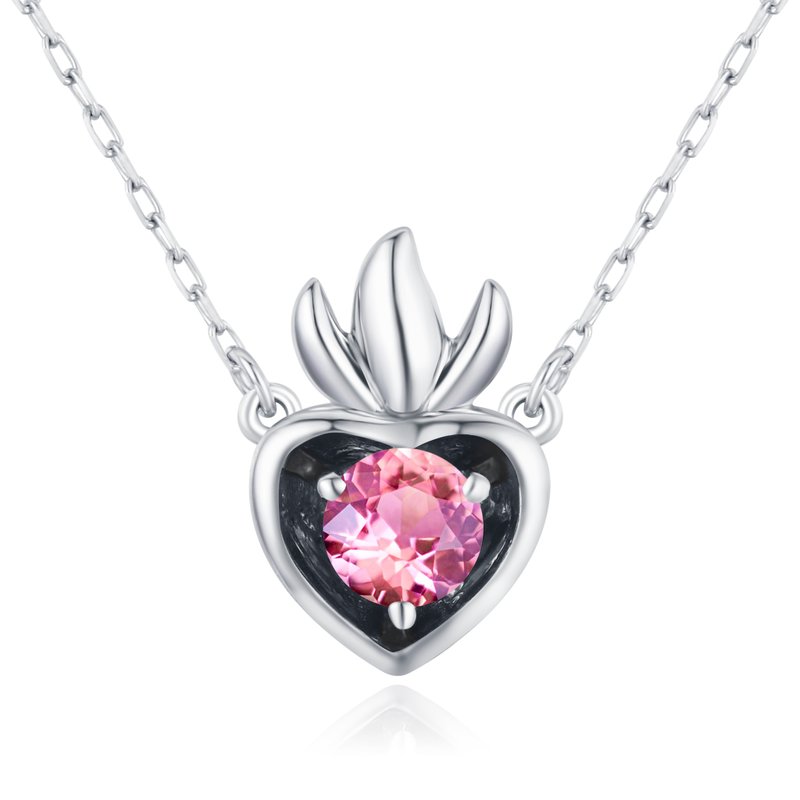 粉红蓝宝石心形项链-神圣14k白金吊坠-立体叠戴坠饰-9月生日石 - 项链 - 贵金属 粉红色