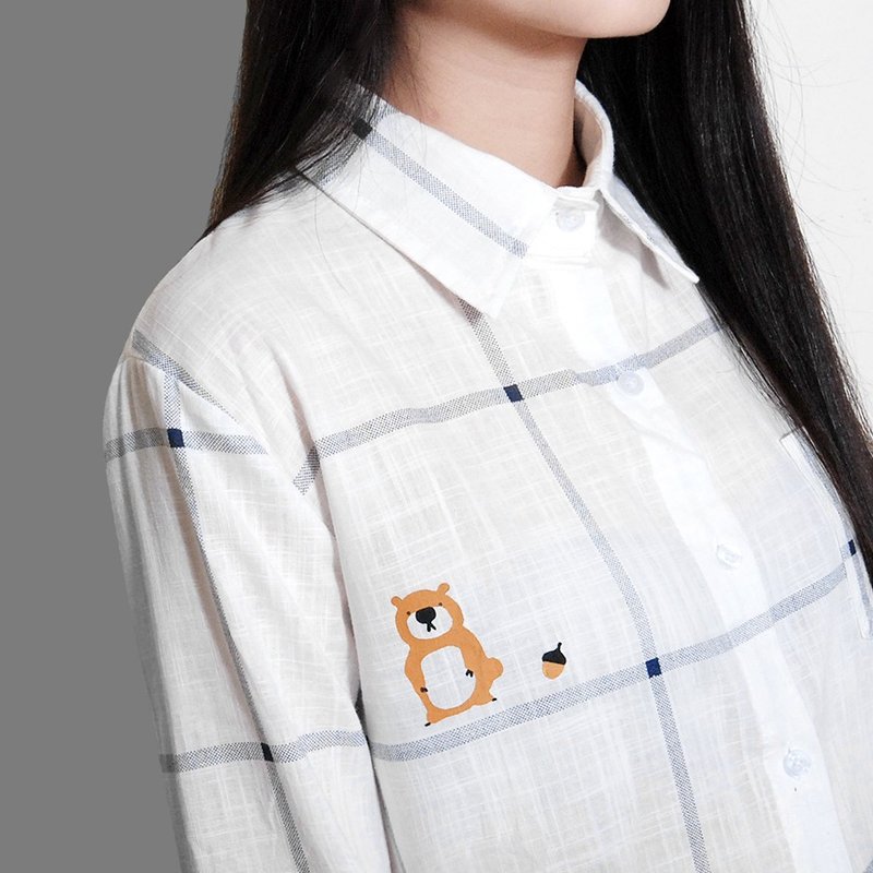 【墨儿推荐】松果小事／作文细线格子棉麻衬衫 - 女装衬衫 - 棉．麻 白色