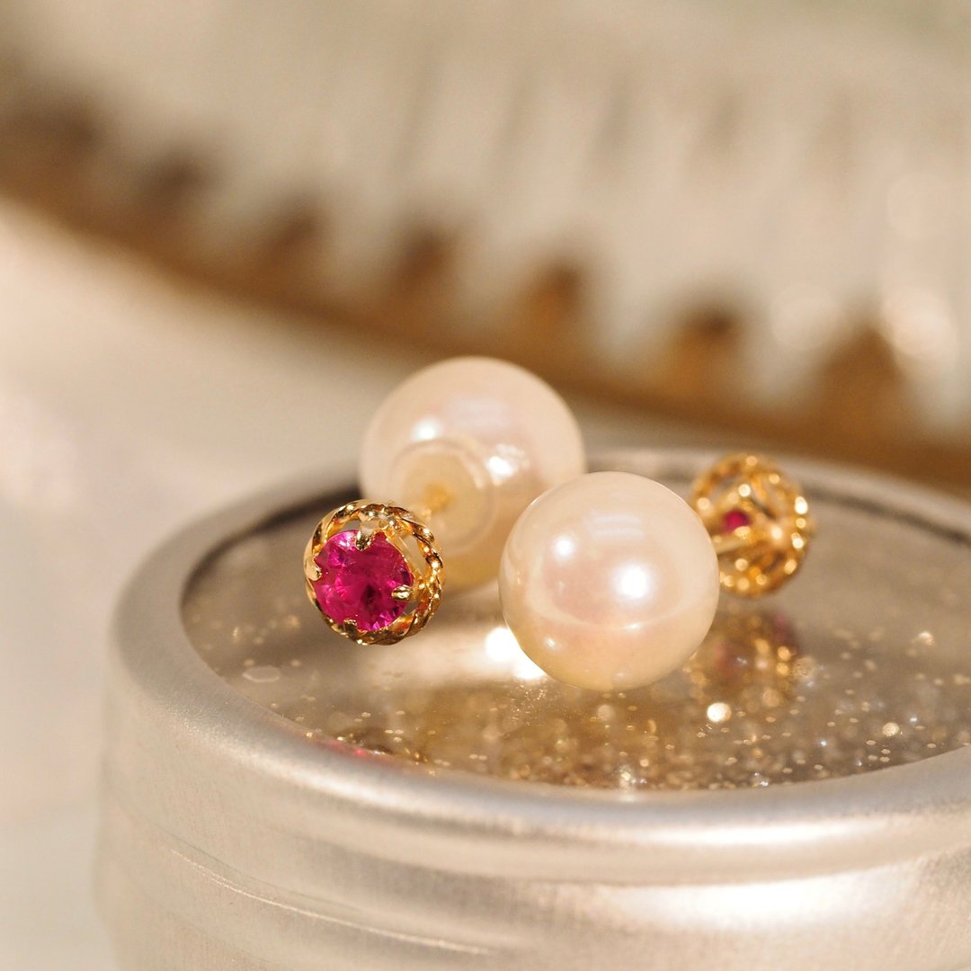 18K金红宝石和珍珠耳环18K Gold Ruby and Akoya Pearl Earrings - 耳环/耳夹 - 贵金属 