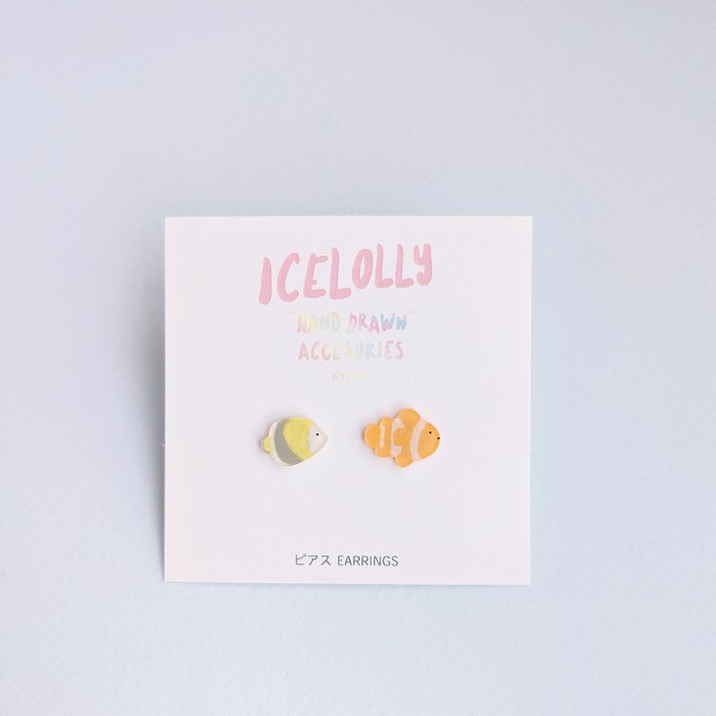 Hand-painted tropical fish earrings - 耳环/耳夹 - 塑料 黄色