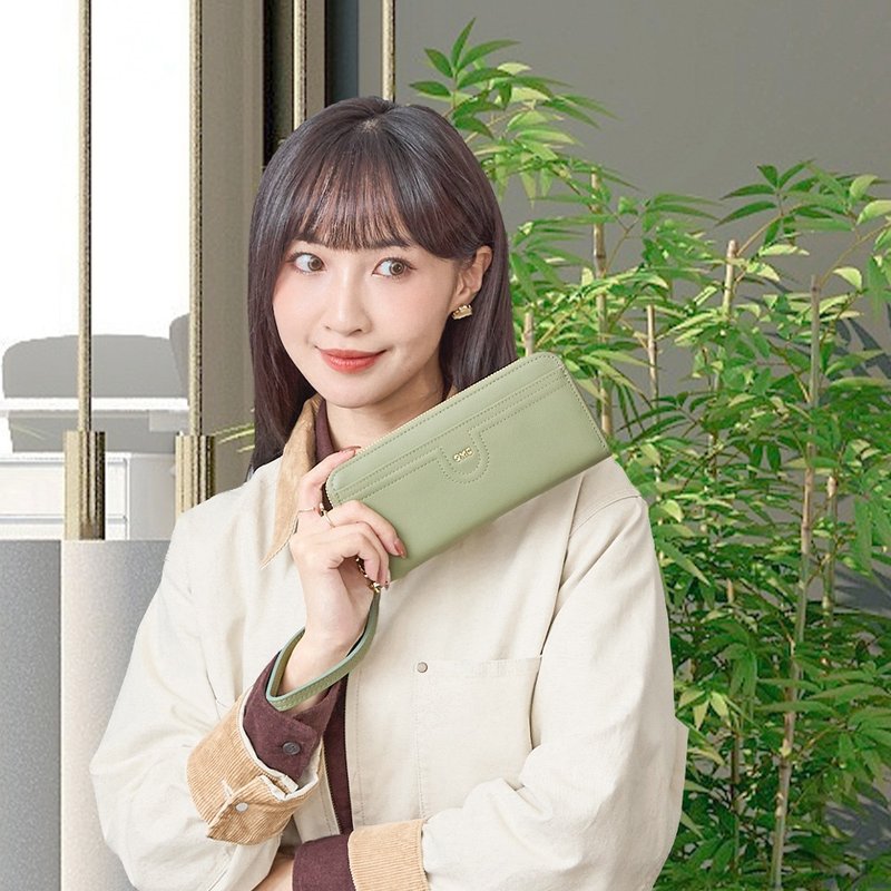 软牛皮14卡1照拉链包牛皮长夹4111(浅抹绿) - 皮夹/钱包 - 真皮 