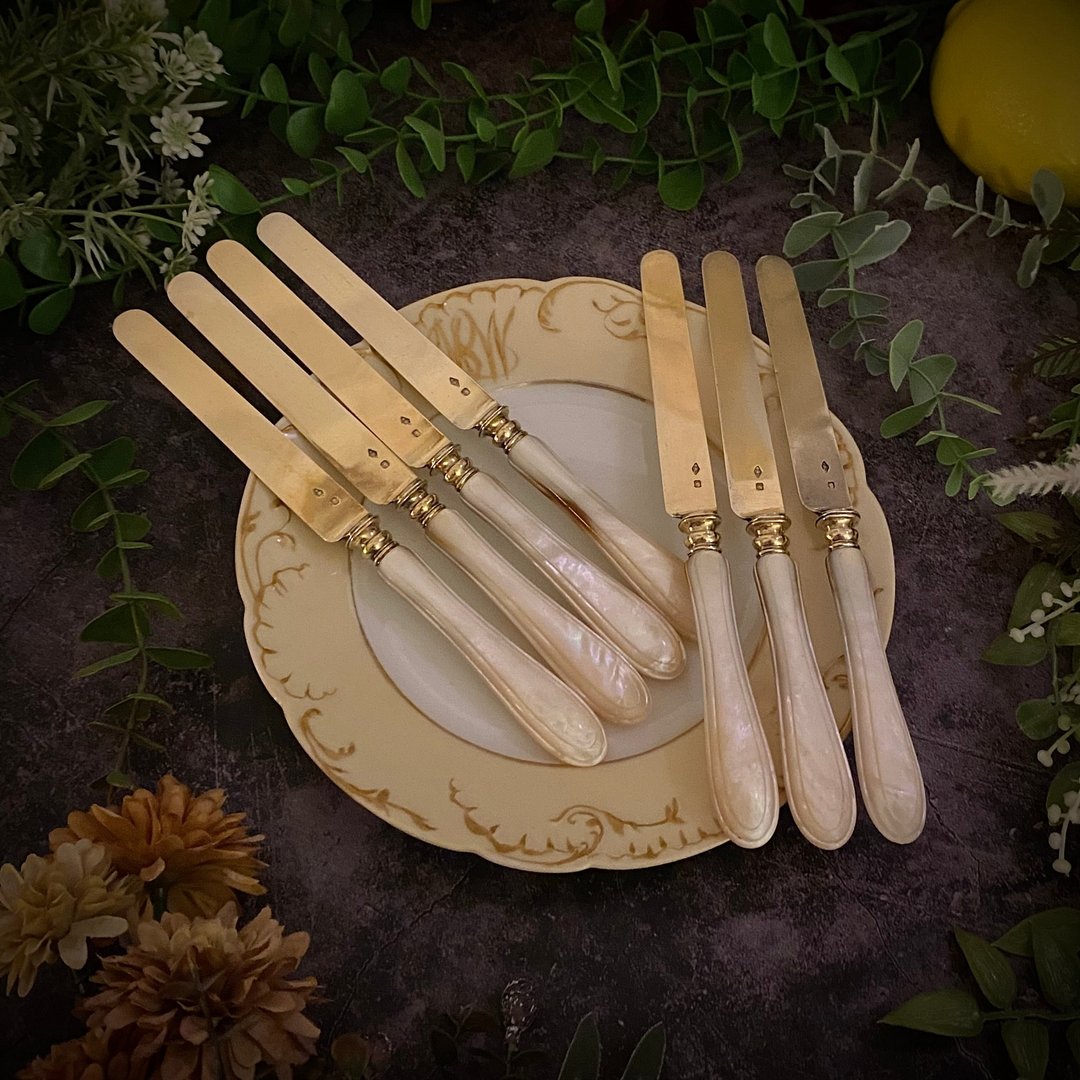 法式古典珍品 19 世纪末法国纯银镀金 Vermeil 天然白蝶贝餐刀 - 餐刀/叉/匙组合 - 纯银 银色
