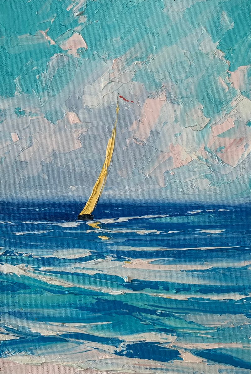 Original Seascape Oil Painting On Canvas Yellow Sailboat Painting Impasto Art - 墙贴/壁贴 - 棉．麻 多色