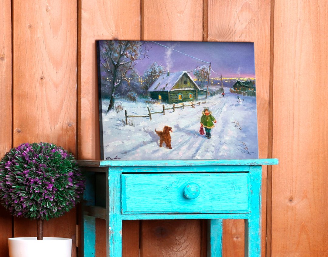 Girl and dog Winter Evening Snowy Village Oil Painting Children Room Wall Decor - 墙贴/壁贴 - 其他材质 蓝色