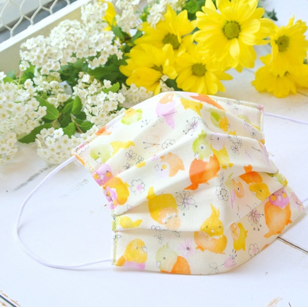 可洗涤、舒适且可爱的手工立体口罩 Parakeet × Flower Yellow - 口罩 - 棉 黄色