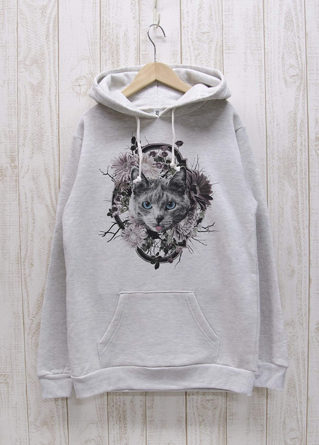 ronronCAT Parker Flower Frame Heather White / R021-P-HWH - 中性连帽卫衣/T 恤 - 棉．麻 白色