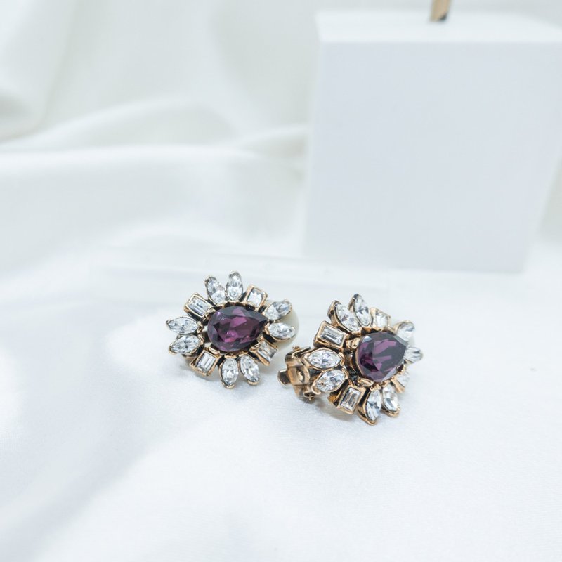 璀璨花朵 复古 华丽 紫色 耳环 - 耳环/耳夹 - 其他金属 金色