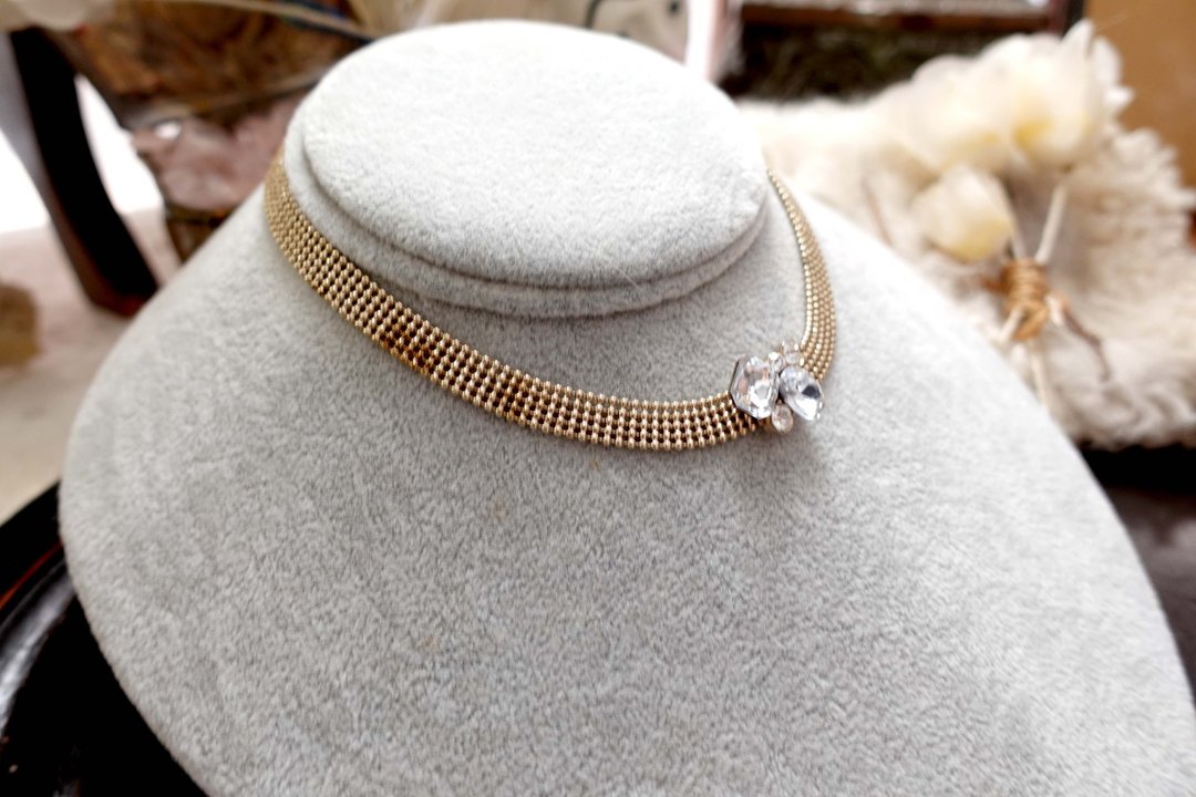 日本中古银色闪钻闪石水晶短颈链choker 高级二手古着珠宝首饰 - 项链 - 其他金属 银色