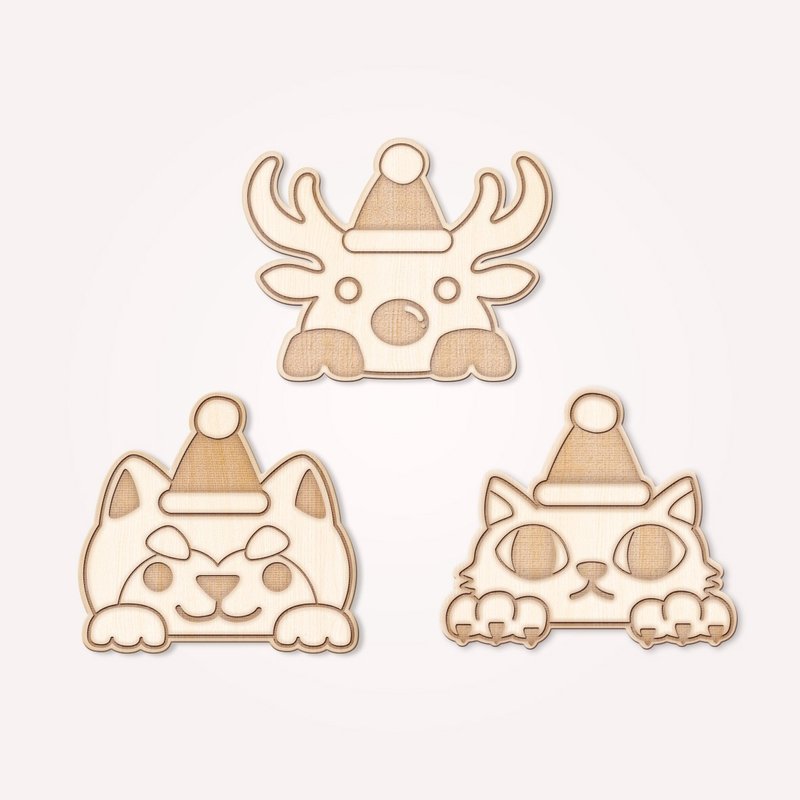 ❖圣诞礼物❖桌边探头小动物圣诞卡片-圣诞/木制/动物 - 卡片/明信片 - 木头 卡其色
