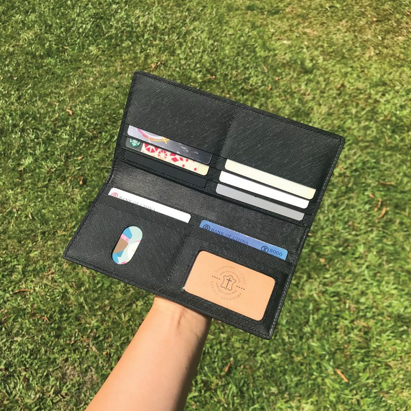 【长钱包】黑色十字纹牛皮/纤薄容量大/免费烙印/香港手工制造 - 皮夹/钱包 - 真皮 黑色