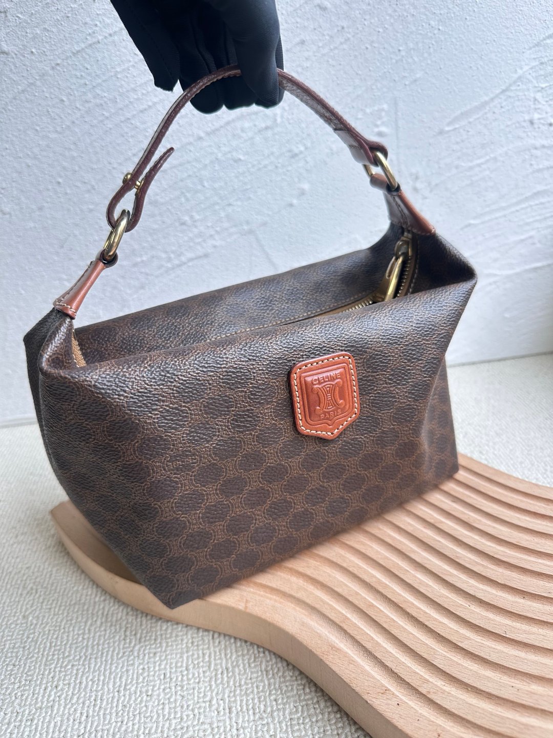 中古包 Vintage Celine 棕花凯旋门徽章饭盒包 - 手提包/手提袋 - 防水材质 咖啡色