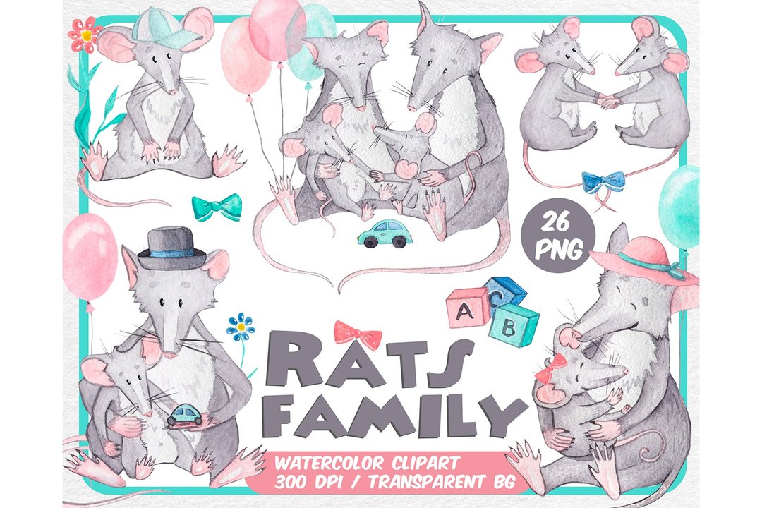 Watercolor Rats family clipart - cute kid illustration png - 插画/绘画/写字 - 其他材质 灰色