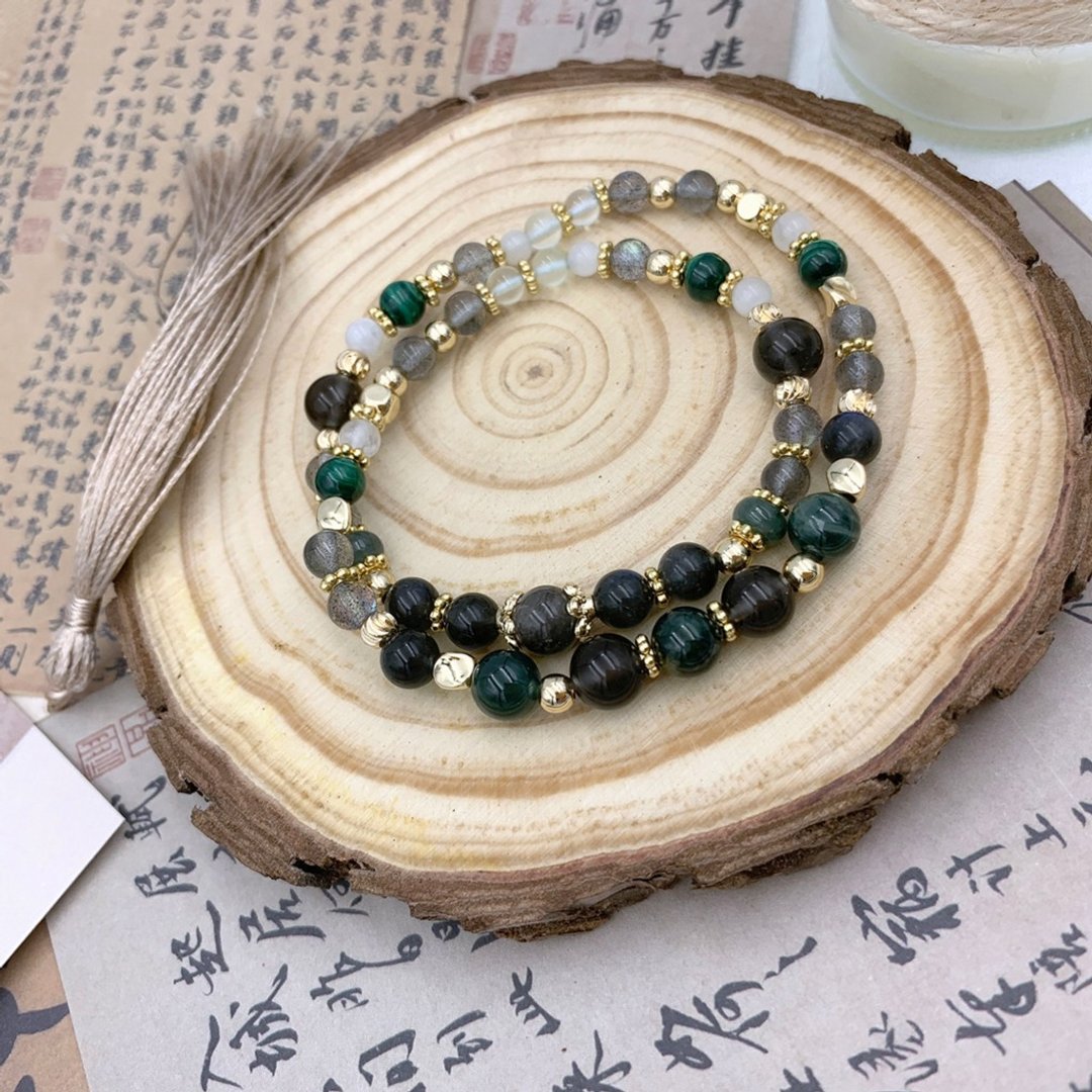 惊蛰 / 冰曜石 极光23 翡翠 拉长石 翡翠 孔雀石 月光石 - 手链/手环 - 其他材质 绿色