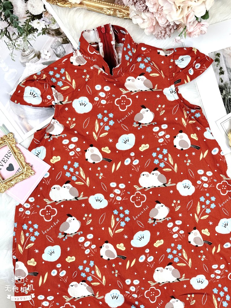 可爱小雀鸟中式旗袍领小洋装 - 童装裙 - 棉．麻 